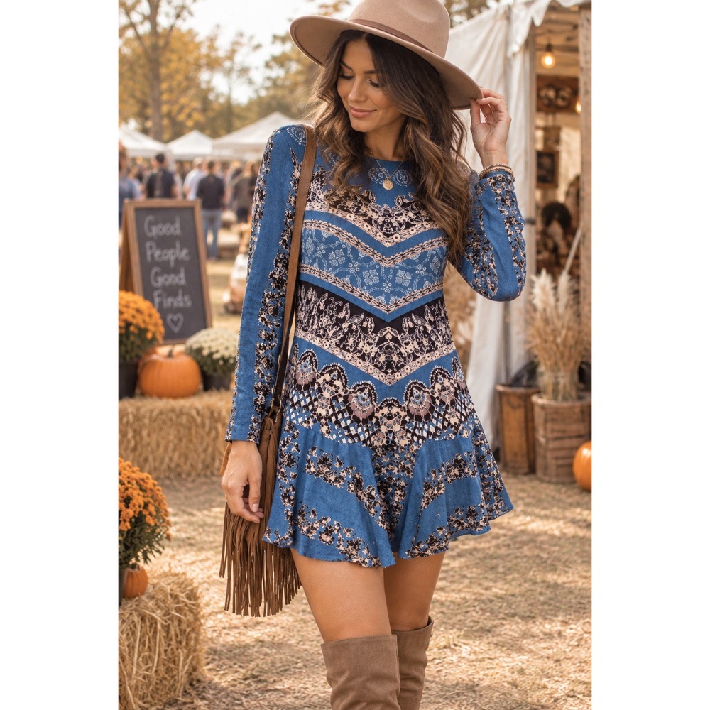 Free People Smooth Talker Tunic Mini Dress Geometric Boho Festival LS Blue Large